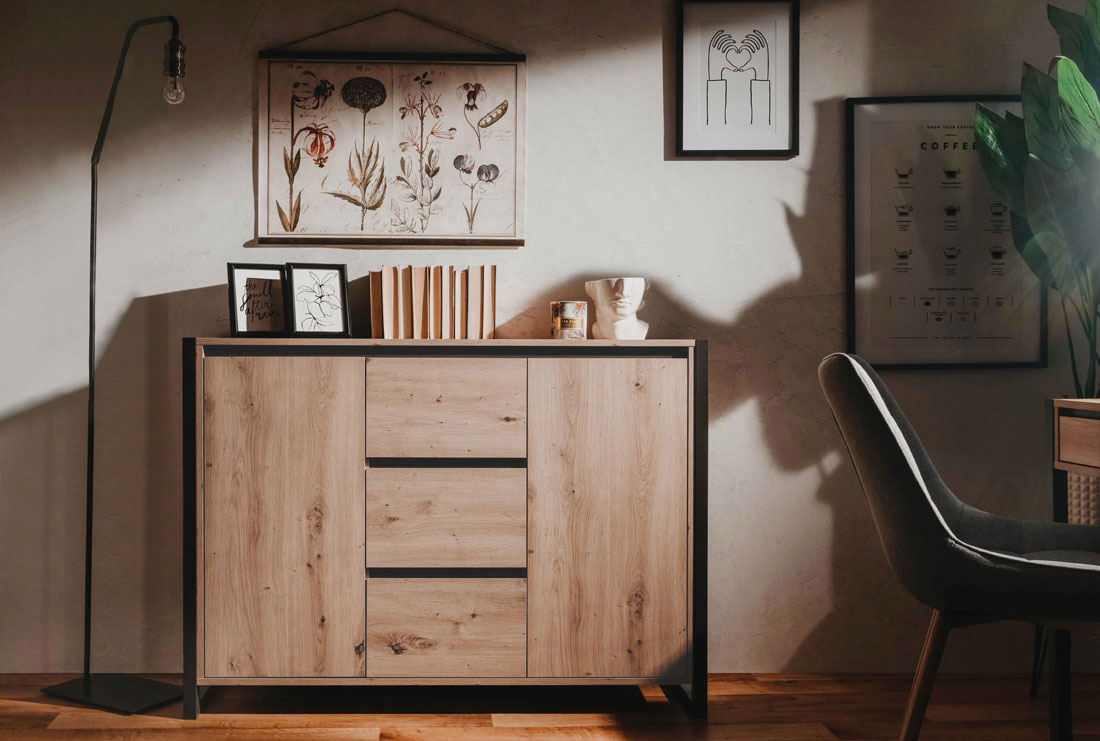 Credenza  Madia industry 2 ante 3 cassetti, Rovere Nodato e struttura in Antracite