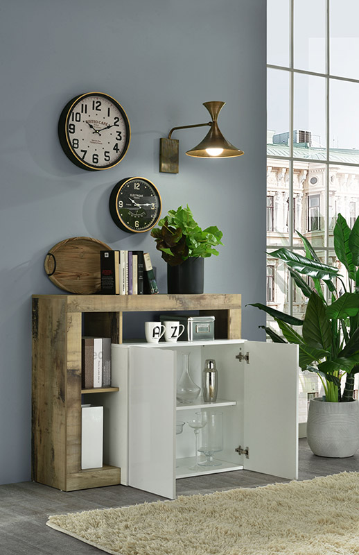 Credenza Madia moderna con 2 ante in finitura bianco laccato lucido e pero