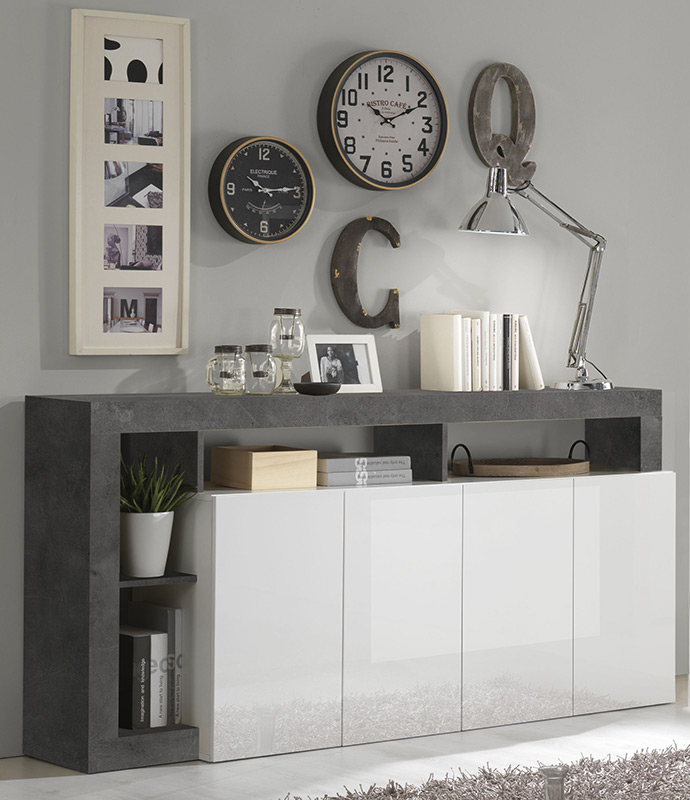 Soggiorno moderno completo in finitura bianco laccato lucido e ossido