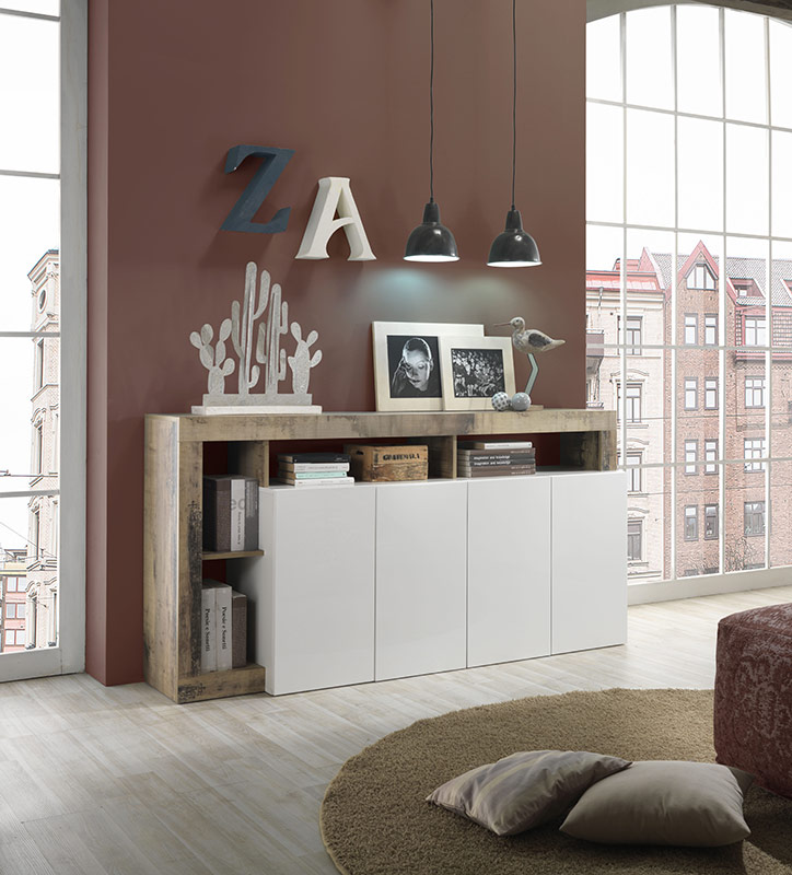 Soggiorno moderno composto da una madia a 4 ante e un porta Tv in finitura bianco e pero