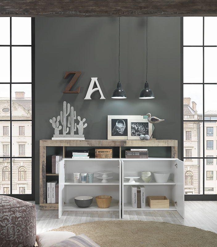 Credenza Madia a 4 ante con un ripiano in finitura bianco laccato lucido e Cemento