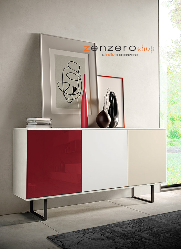 Madia  moderna Orbitar con 3 ante in finitura Bianco calce, Vetro rosso, Terra opaco e Bianco opaco