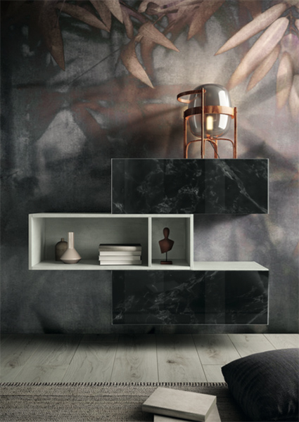 Soggiorno moderno Bozzolo composto da parete attrezzata e madia sospesa 