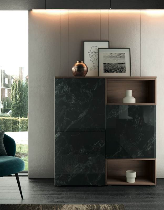 Soggiorno Rosetta con parete attrezzata e madia  in finitura Bianco calce, Quercia brown e Vetro marmo dark