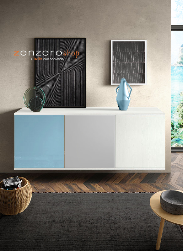 Madia sospesa Spe con 3 ante in finitura Frassinato bianco, Vetro azzurro e Grigio opaco