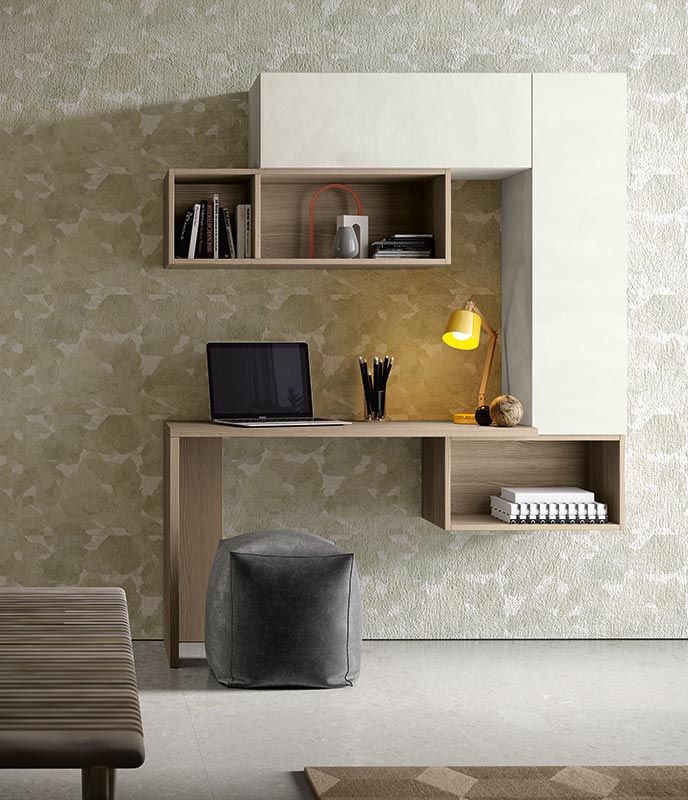 Soggiorno moderno Helix con parete attrezzata e zona studio  in finitura Bianco calce e Olmo