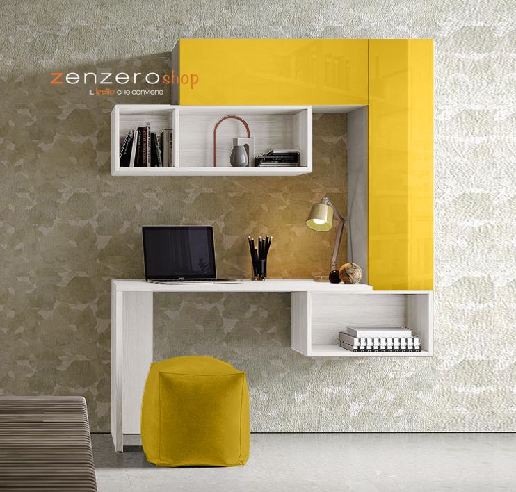 Zona studio Finlay in finitura Frassinato bianco e Giallo vetro
