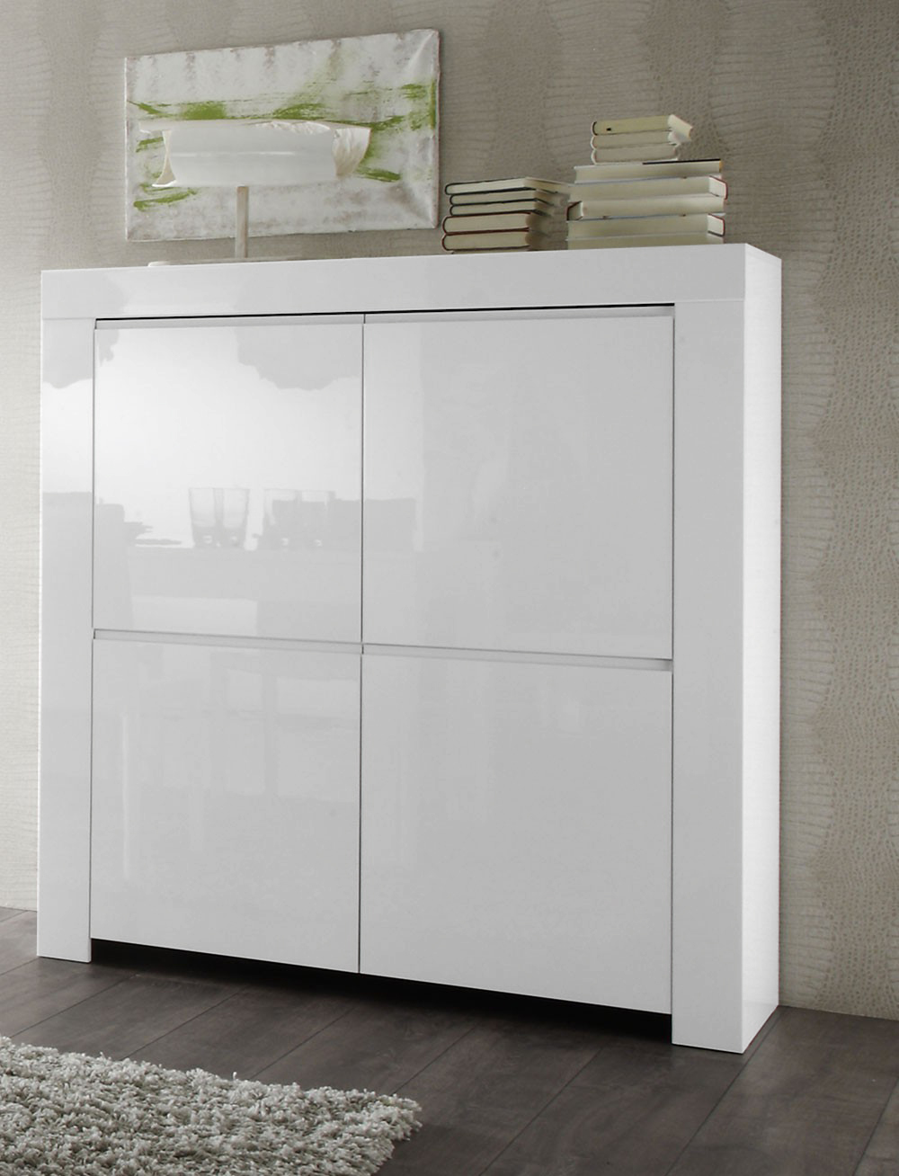 Credenza Moderna, Madia di Design, Made in Italy 4 ante Alta, Bianco Lucido
