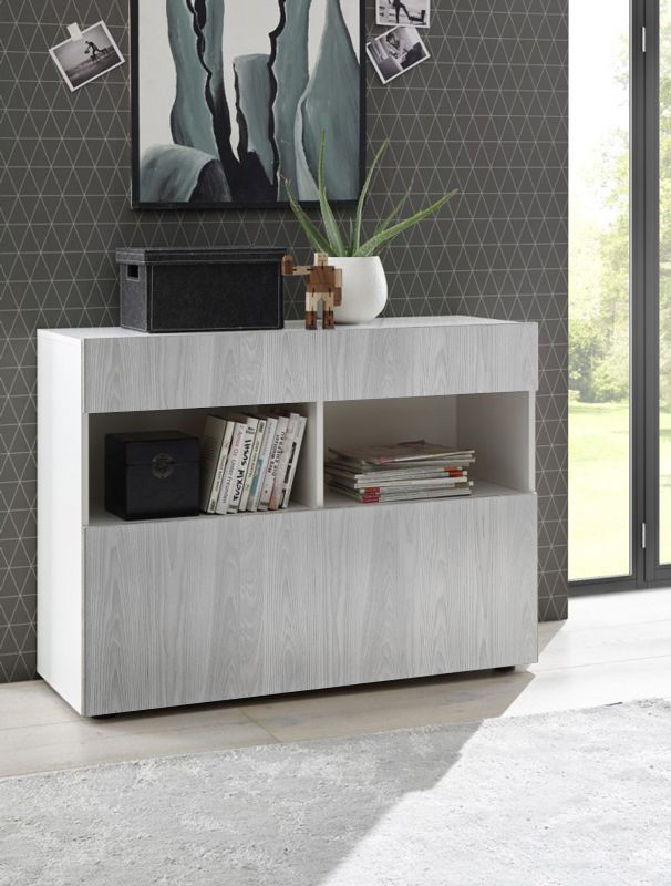 Sala moderna composta da parete attrezzata e madia, finitura Gesso, Artico e Bianco Lucido