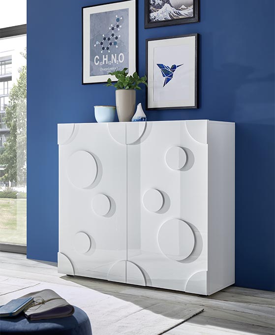 Madia contenitore Cerchio a 2 ante, finitura bianco lucido, design moderno