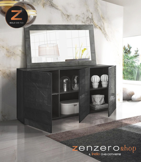 Madia nera moderna, 3 ante, finitura Marmo Lucido Nero