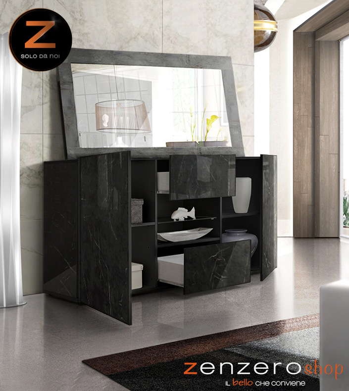 Sala da pranzo in Marmo Lucido Nero di Lusso, composta da Vetrina, Tavolo e Madia con vano