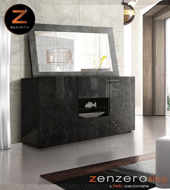 Soggiorno di lusso, Porta TV, Madia e Vetrina, finitura Marmo Lucido Nero