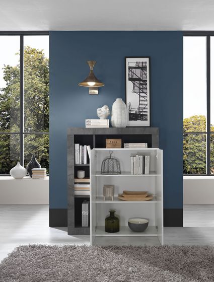 Soggiorno moderno completo in finitura bianco laccato lucido e Cemento