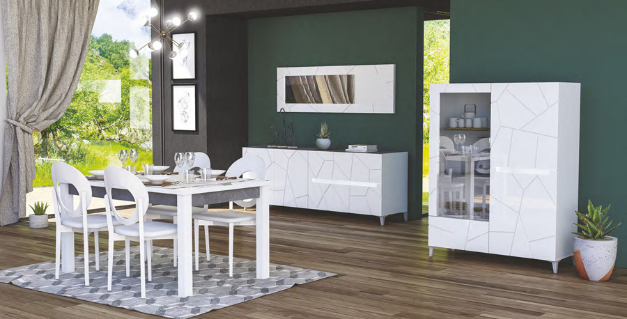 Tavolo fisso L.160, moderno, bianco lucido e grigio