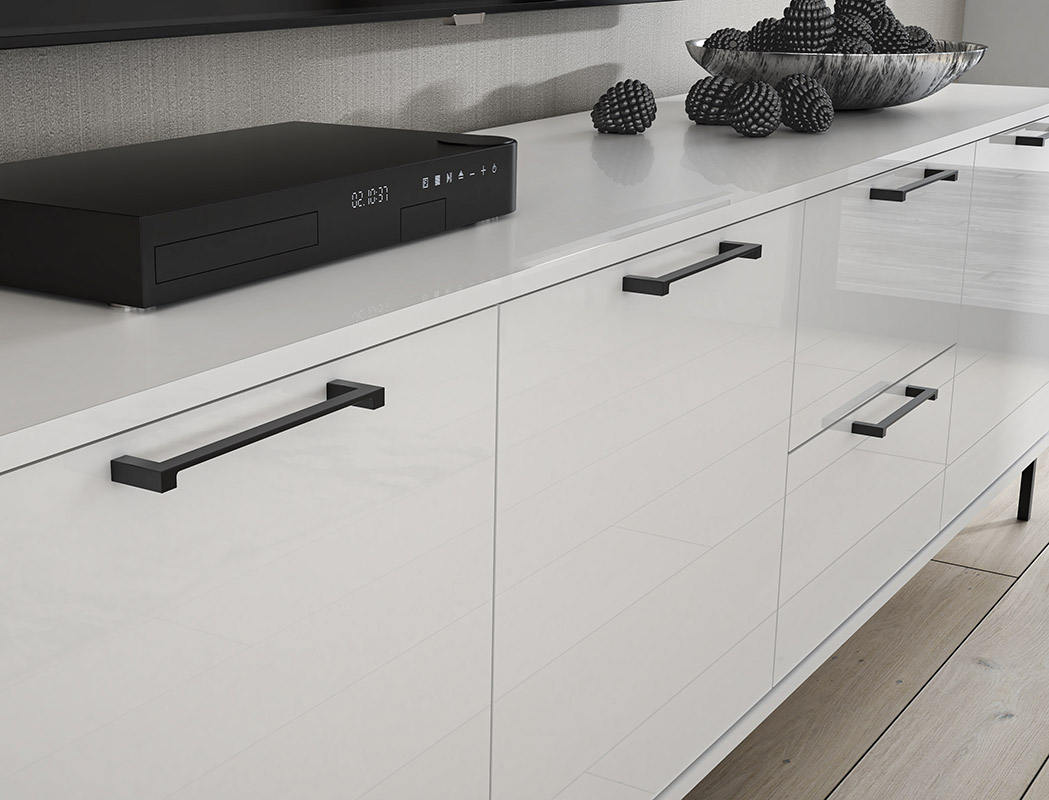 Credenza 2 ante 3 cassetti con piedini, finitura Bianco lucido e opaco