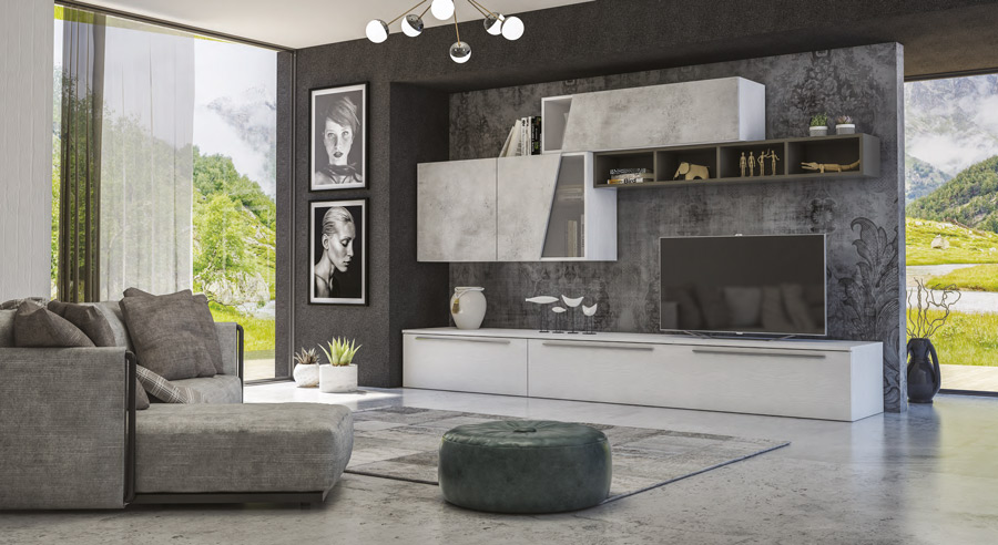 Parete attrezzata Bianco frassino con frontali e elementi sospesi in finitura Cemento e libreria orizzontale color Fango