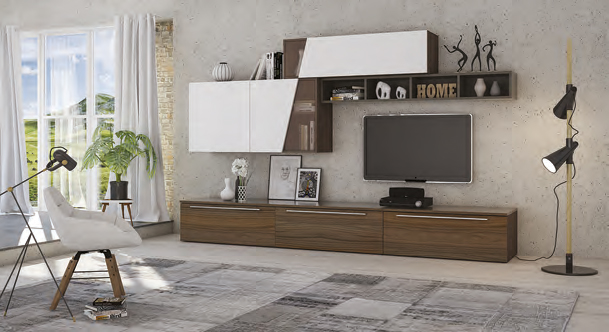 Parete attrezzata Noce con frontali e elementi sospesi in finitura Bianco seta e libreria orizzontale color Fango