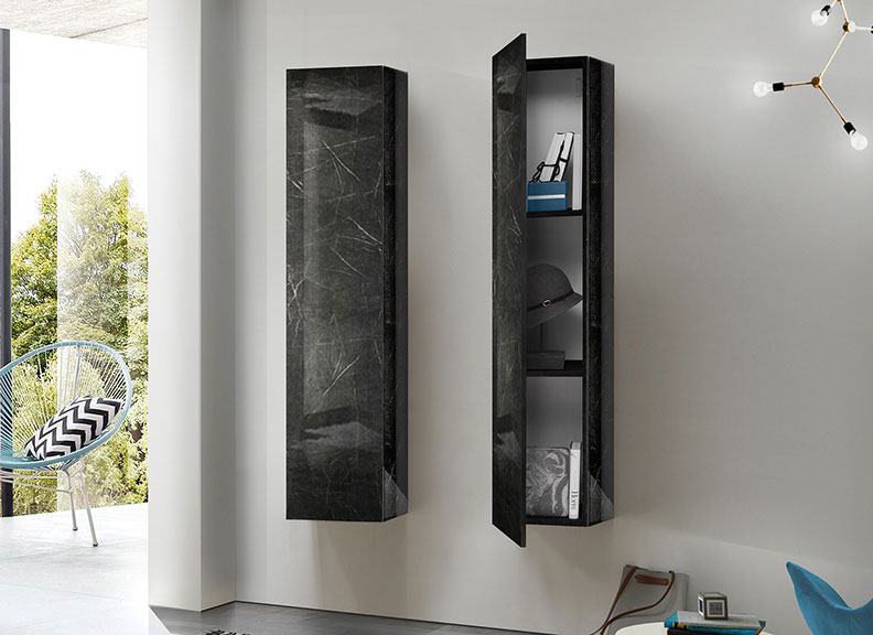 Parete attrezzata effetto marmo nero lucido con pensili e ribalta