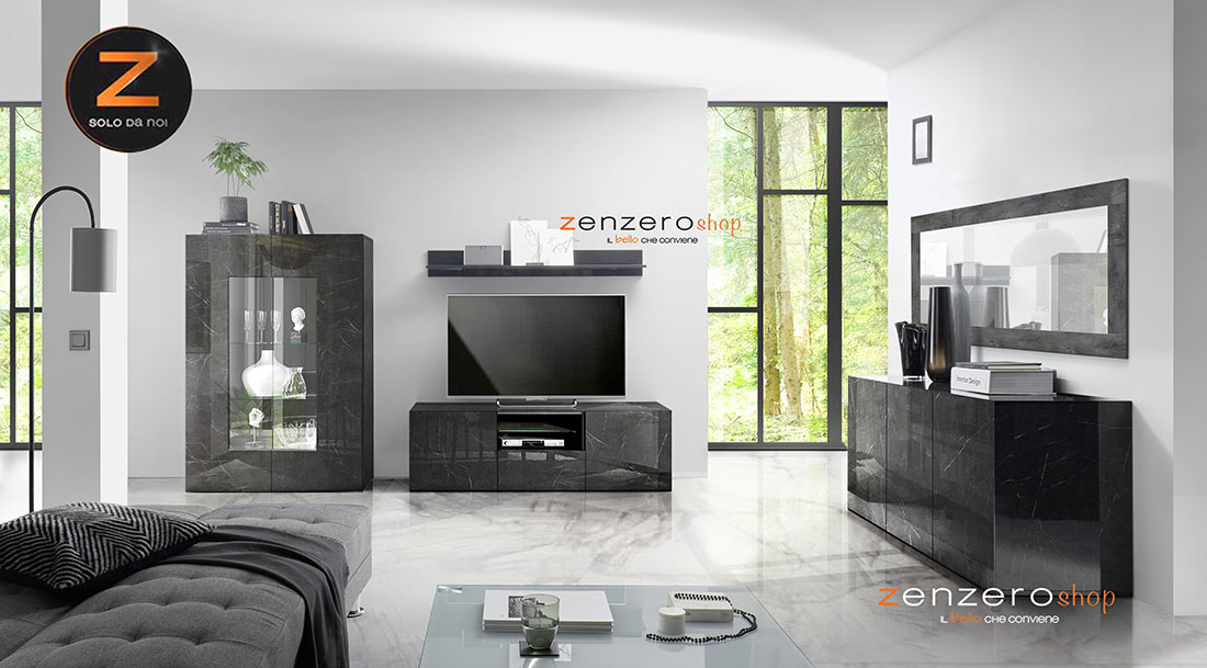 Soggiorno moderno Marmo Lucido Nero di Lusso con Porta TV, Madia e Vetrina