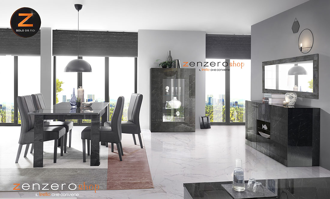 Sala da pranzo in Marmo Lucido Nero di Lusso, composta da Vetrina, Tavolo e Madia con vano