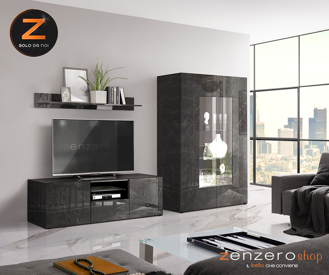 Composizione in Marmo Lucido nero formata da Porta TV e Vetrina di lusso