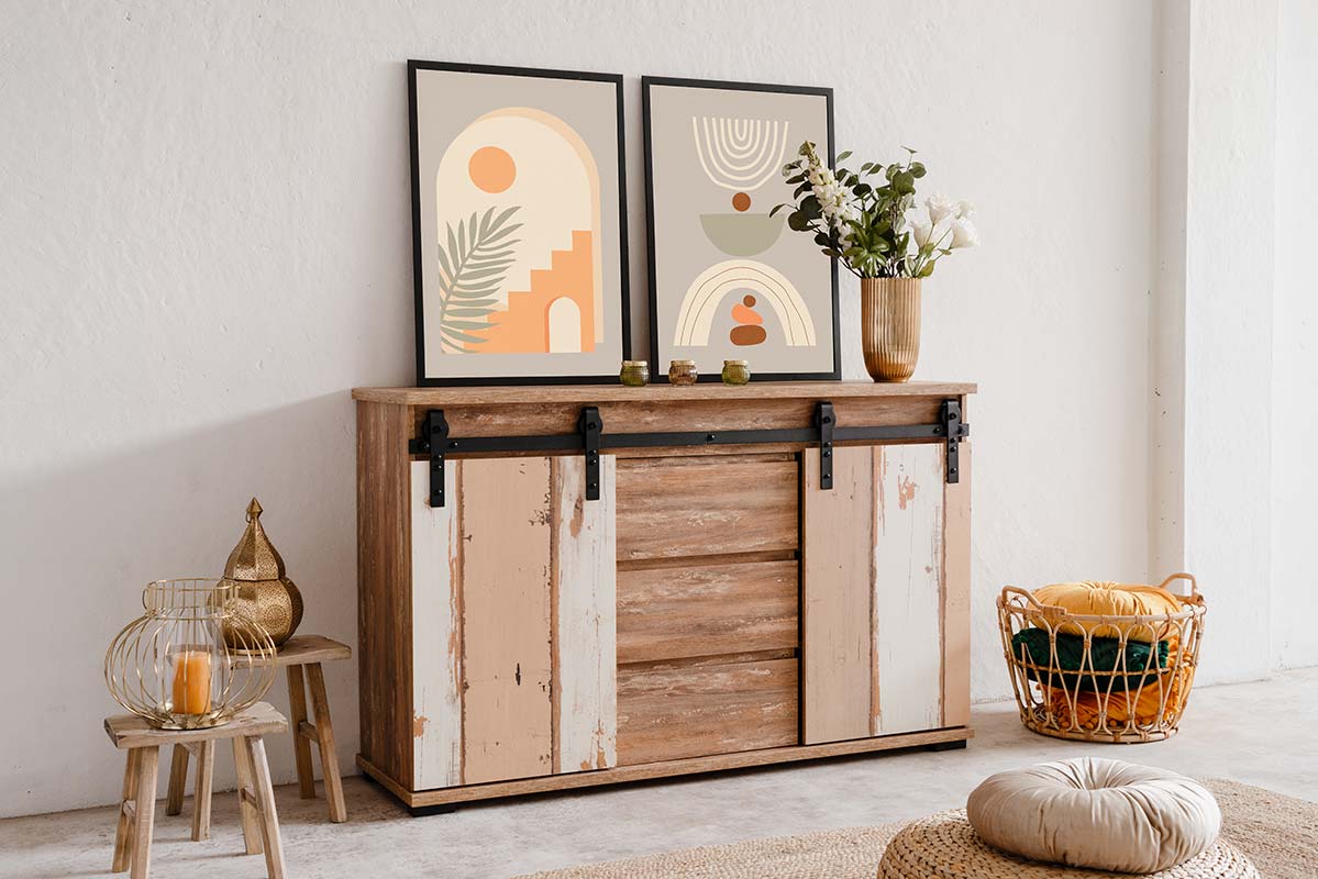 Madia scontata Tromso con 2 ante e 3 cassetti in finitura Bianco anticato e Rovere anticato