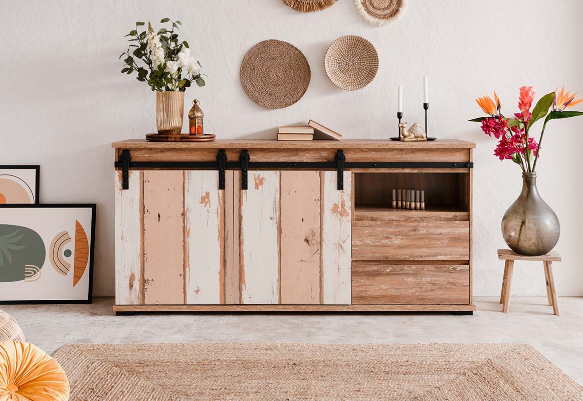 Madia bassa moderna Tromso con 2 ante e 2 cassetti in finitura Bianco anticato Rovere anticato