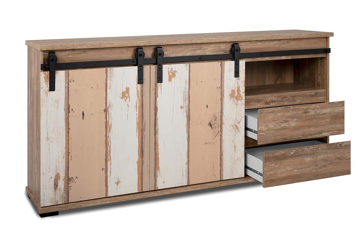 Madia bassa moderna Tromso con 2 ante e 2 cassetti in finitura Bianco anticato Rovere anticato