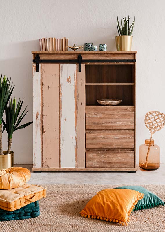 Madia alta Tromso con 2 ante e 3 cassetti in finitura Bianco anticato e Rovere anticato