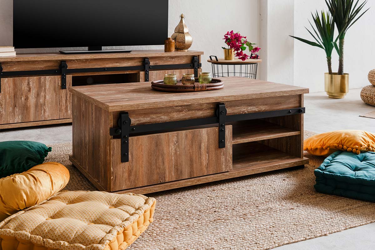 Tavolino Tromso con un'anta in finitura Rovere anticato