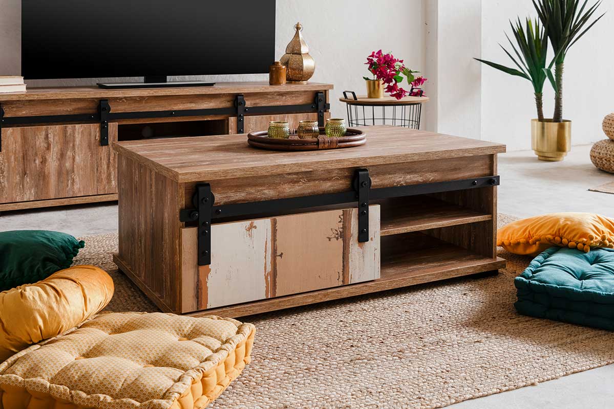 Tavolino Tromso con un'anta in finitura Bianco anticato e  Rovere anticato