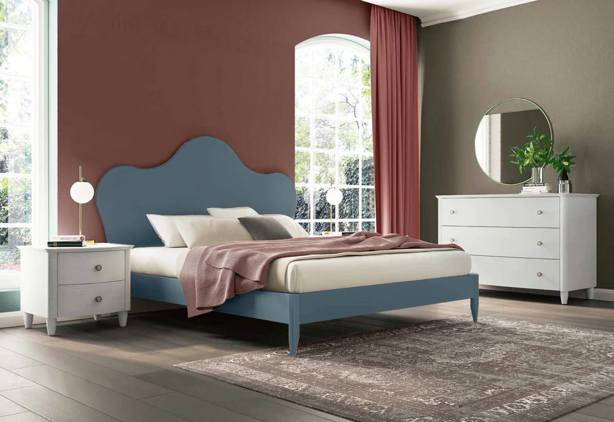 Letto matrimoniale king size Vittoria con testata retrofinita in Blu opale