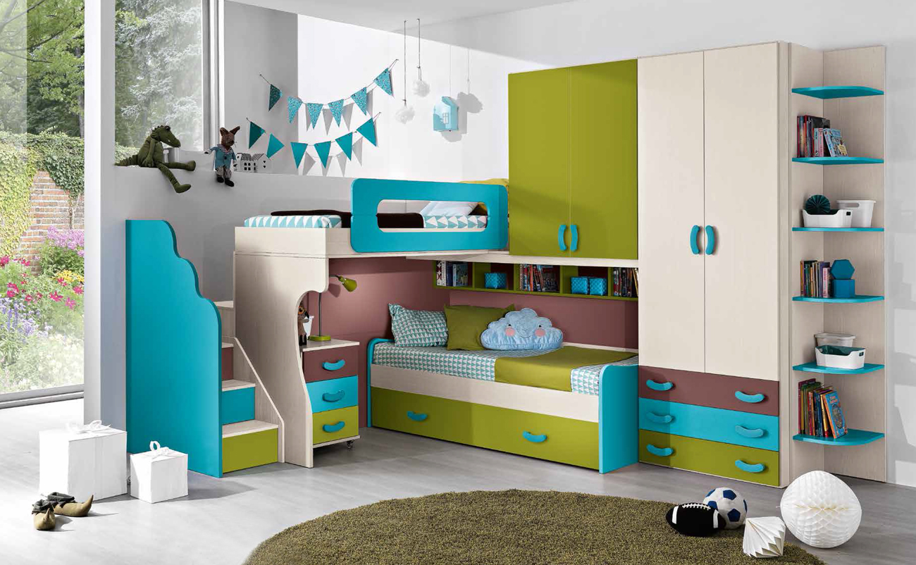 Cameretta con soppalco Rachele, finitura Betulla, Turchese, Verde Acido e Terra Bruciata
