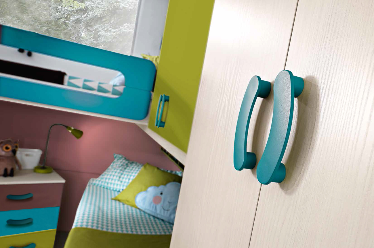 Cameretta con soppalco Rachele, finitura Betulla, Turchese, Verde Acido e Terra Bruciata