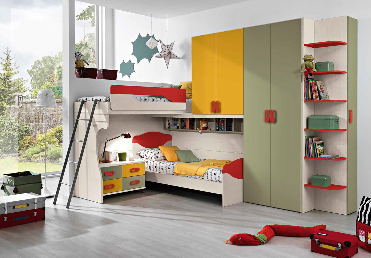 Cameretta con soppalco Denise, moderna e di design, finitura Betulla, Giallo, Salvia e Rosso