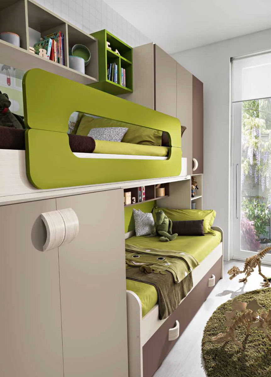 Soppalco per camerette Desirè, finitura, Betulla, Brown, Talco e Verde Acido