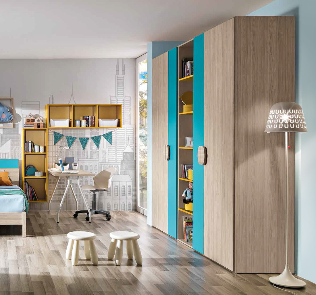 Armadio moderno 4 ante con libreria centrale, Olmo, Turchese e Giallo