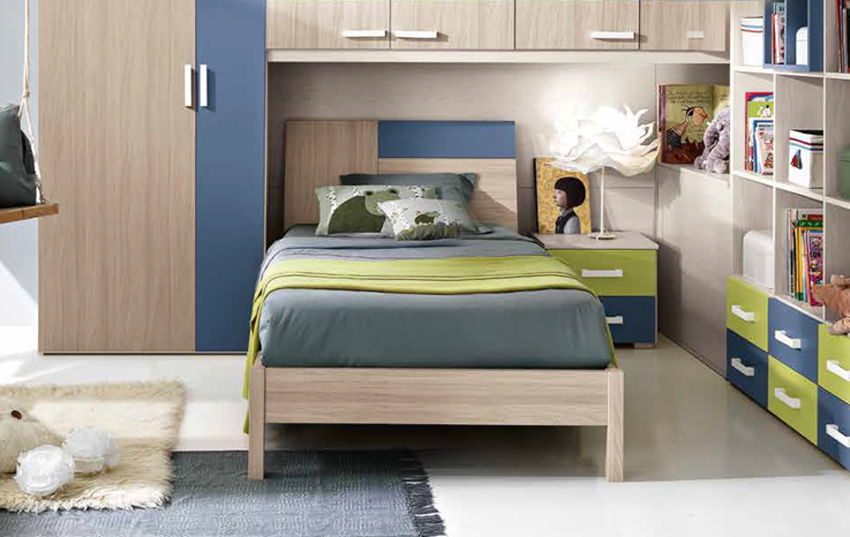 Letto singolo Alberto per camerette, finitura olmo e avio