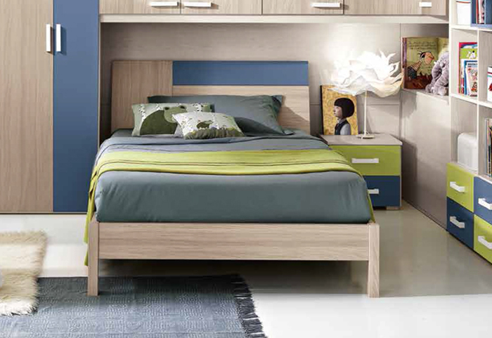 Letto singolo Alberto per camerette, finitura olmo e avio