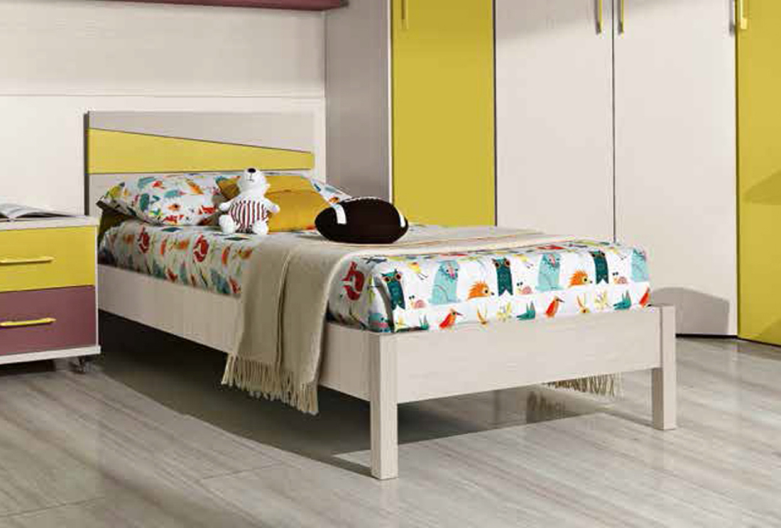 Letto singolo Diego per camerette per ragazzi, finitura Betulla e Senape