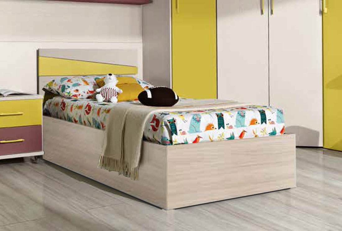 Letto Diego singolo con contenitore, per camerette per ragazzi, finitura Betulla e Senape