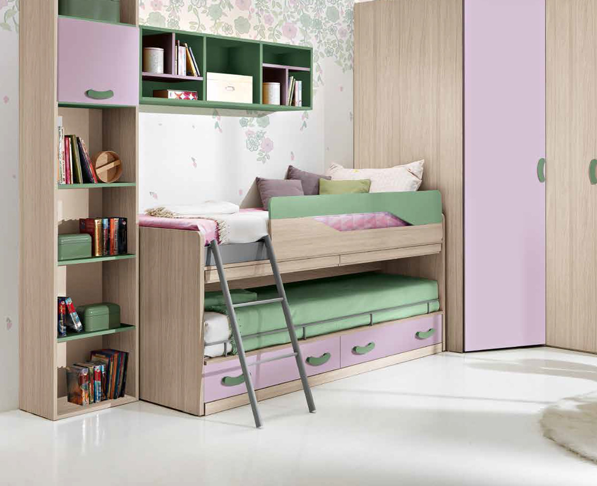 Letto con scrivania estraibile Fedro, finitura olmo, verde papua e lilla