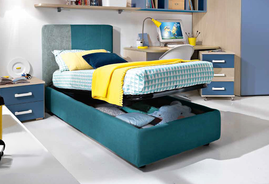 Letto singolo in tessuto Michele per camerette per ragazzi, finitura Blu