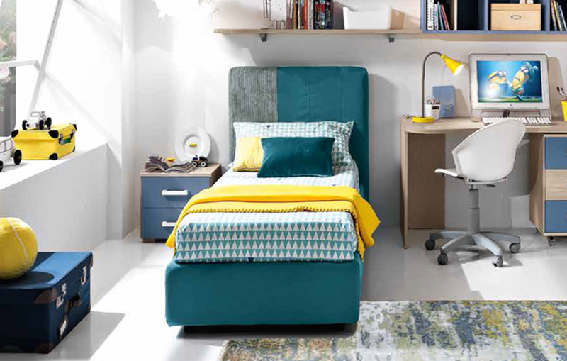 Letto singolo in tessuto Michele per camerette per ragazzi, finitura Blu