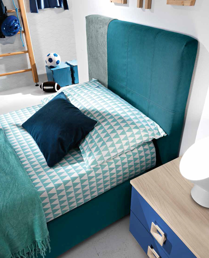 Letto singolo in tessuto Michele per camerette per ragazzi, finitura Blu