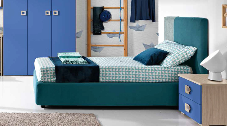 Letto singolo in tessuto Michele per camerette per ragazzi, finitura Blu