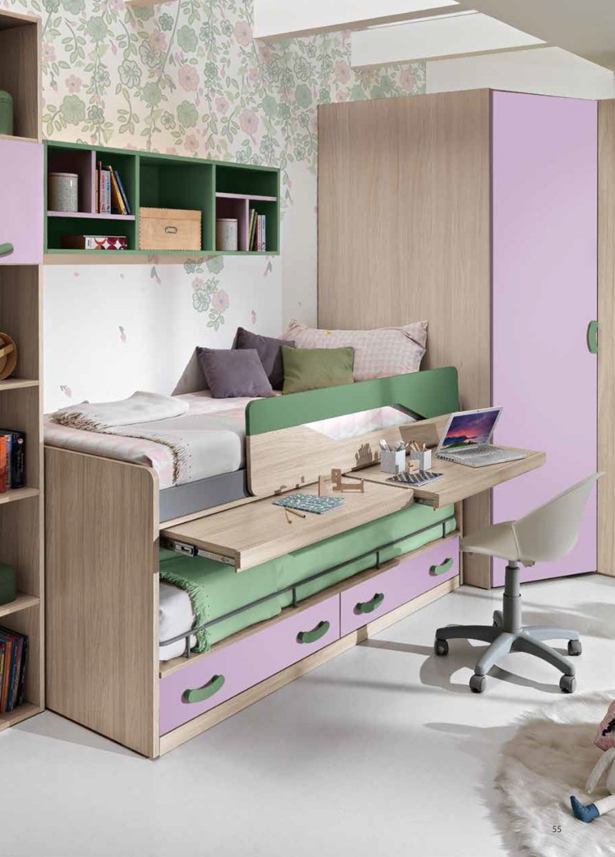 Letto con scrivania estraibile Fedro, finitura olmo, verde papua e lilla
