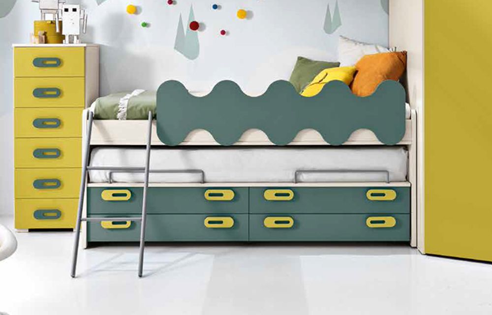 Divano letto Sky per camerette a ponte, finitura Betulla, Senape e Petrolio