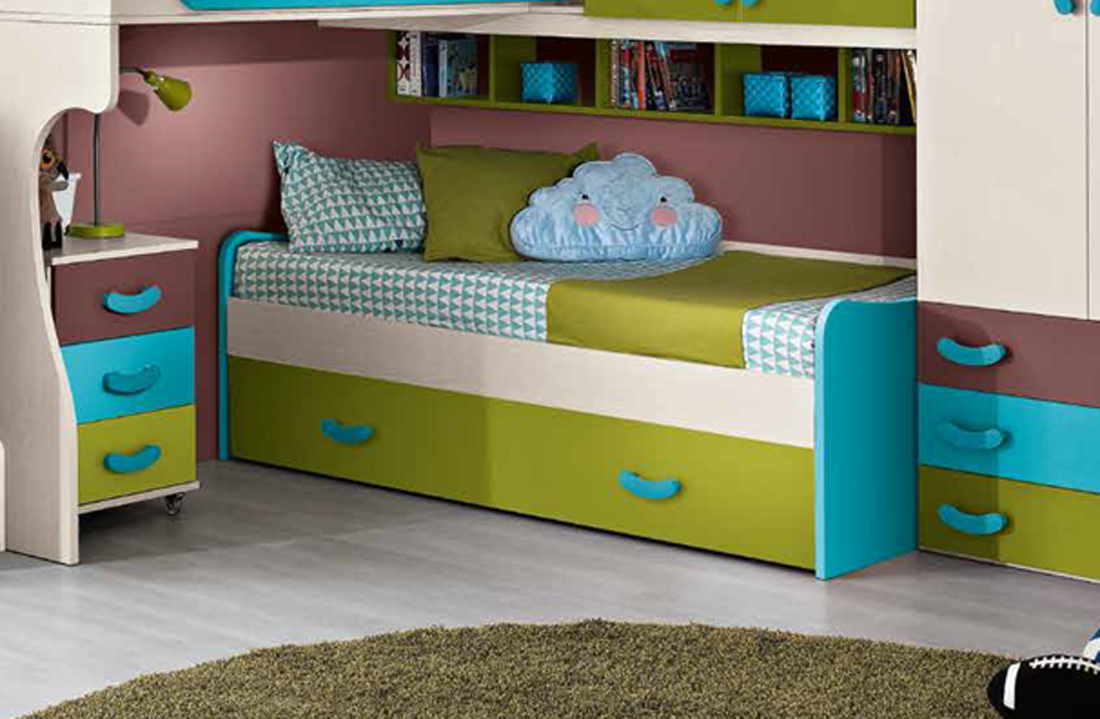 Divano letto Base per camerette a ponte, finitura Betulla, Turchese e Verde Acido